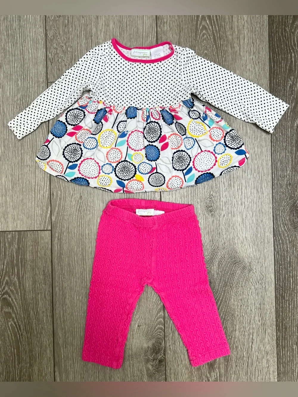 FIRST IMPRESSIONS 2PC LONG SLEEVE TOP AND RIBBED LEGGINGS OUTFIT PINK DOTS 6-9MO